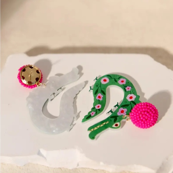 Pink & Green Floral Crocodile Earrings - Picture 4 of 5